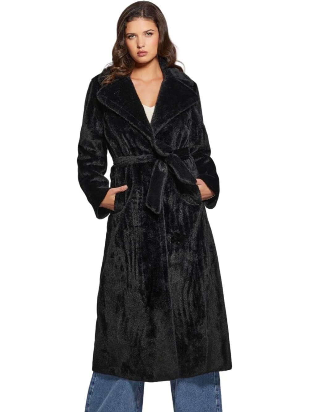 Guess Women's Black Notch Collar Long Sleeve Imported Ada Longline Faux Fur Coat